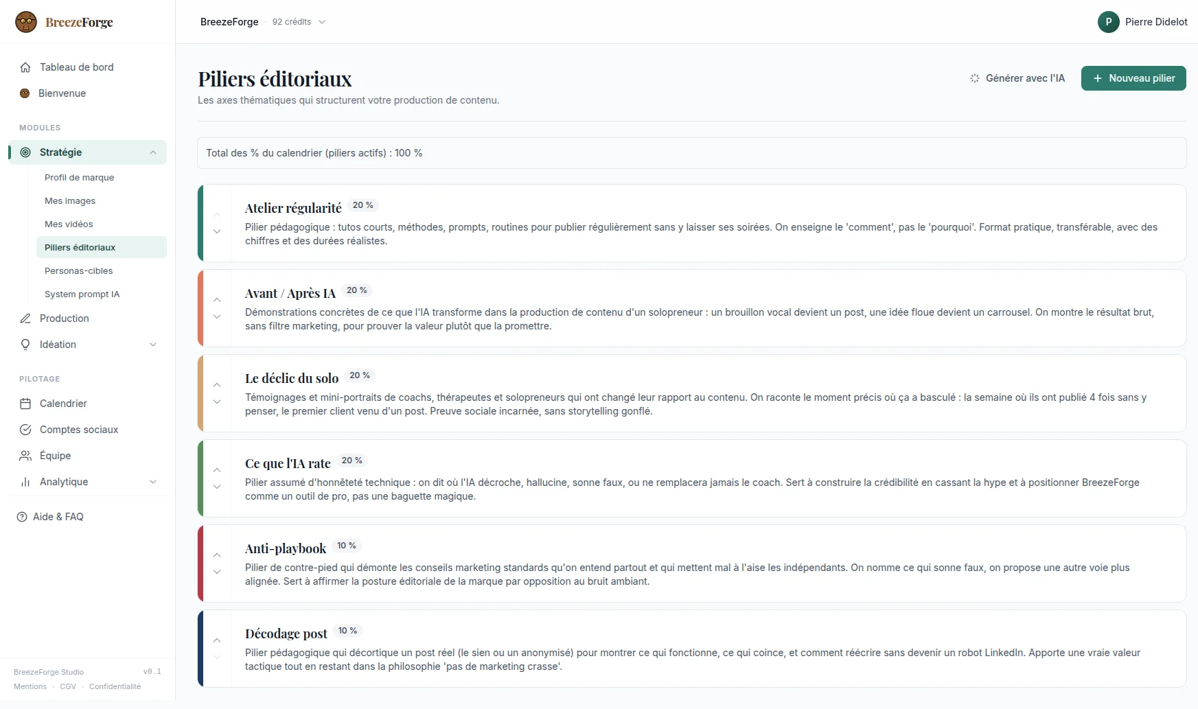 La page Piliers éditoriaux : six axes de contenu avec leur part du calendrier et leurs descriptions.
